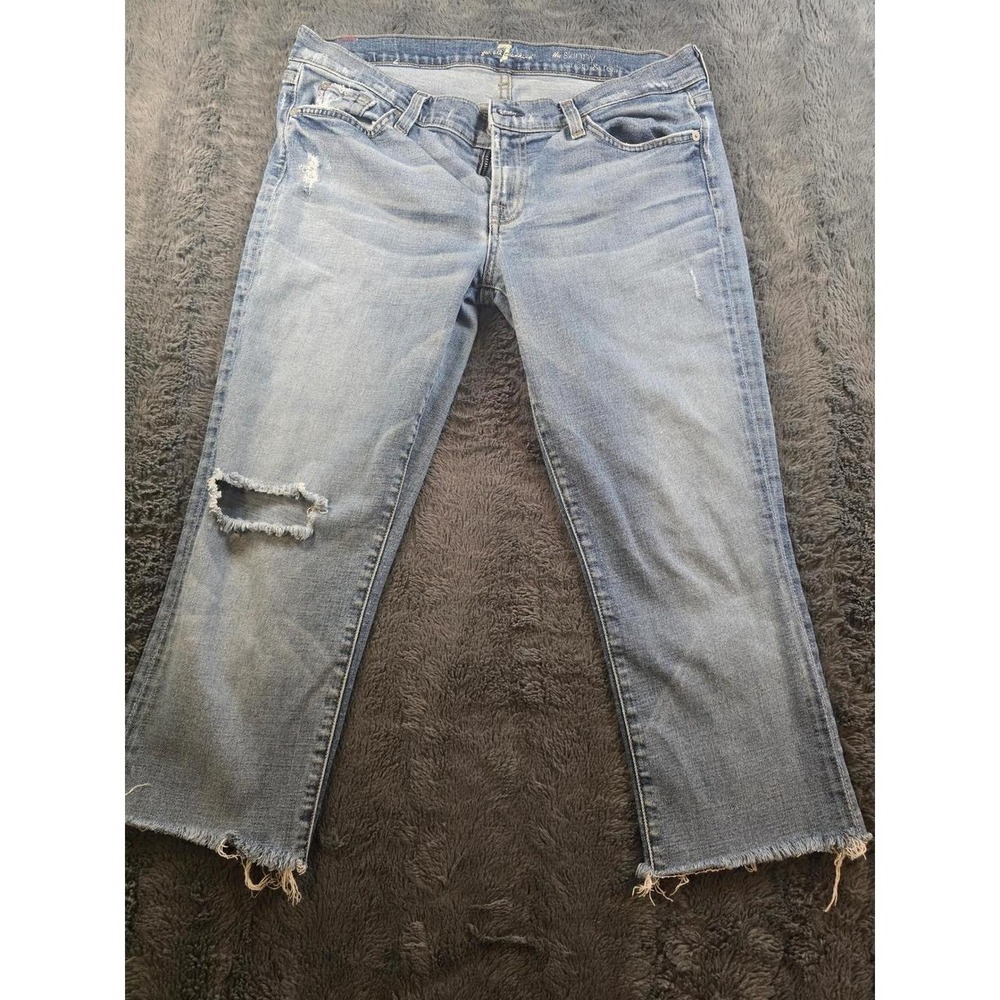 7 For All Mankind The Skinny Crop & Roll Distressed Jeans Light Wash Blue Size32